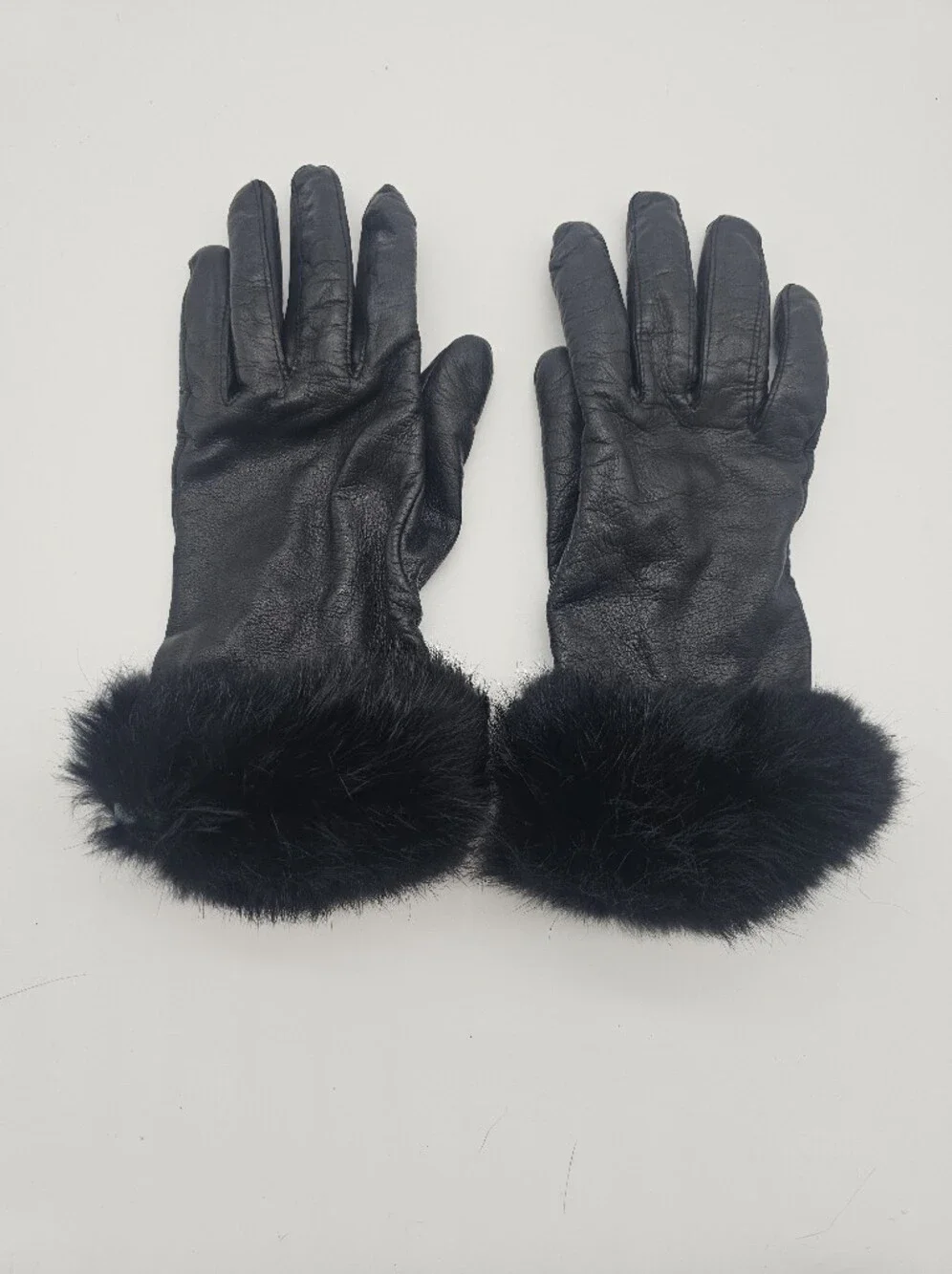 Black Faux Fur Cuff Faux Leather Gloves Sz S